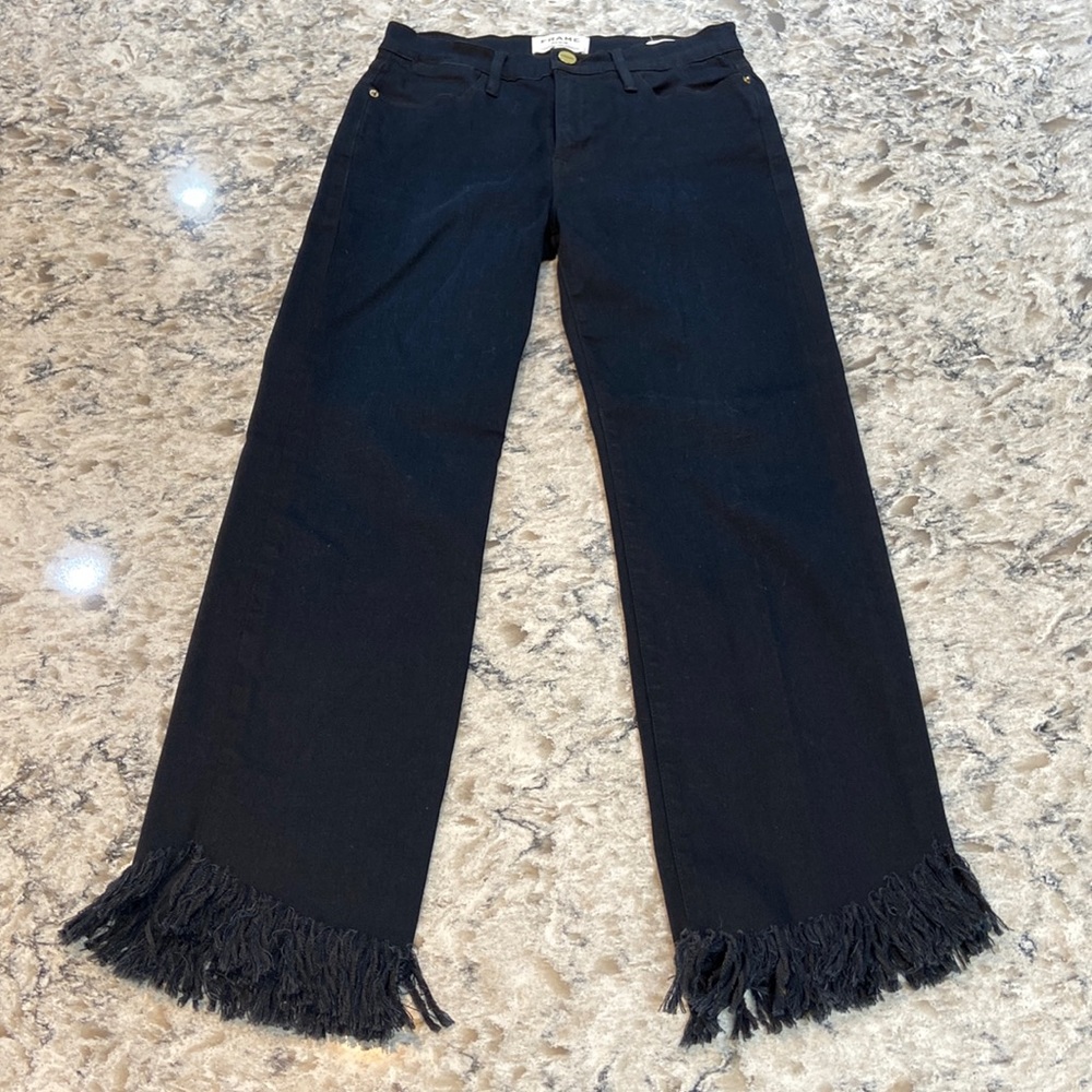 FRAME Le High Straight Crop Frayed Hem Jeans Dark Wash Size 26 - Picture 2 of 16
